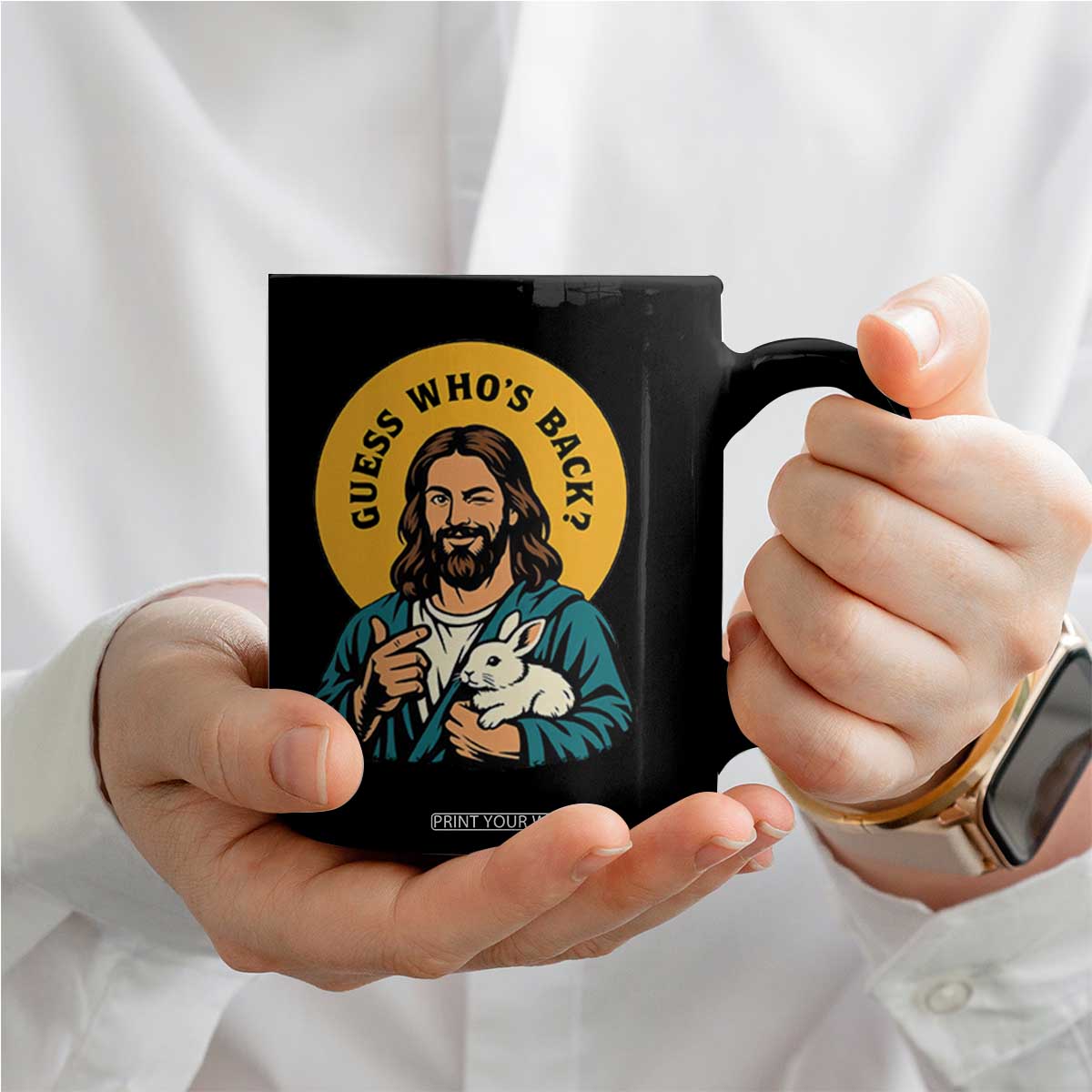 Guess Who is Back Funny Christian Easter Coffee Mug Winking Jesus with Lamb Cute Resurrection Humor Gift TS02 Print Your Wear