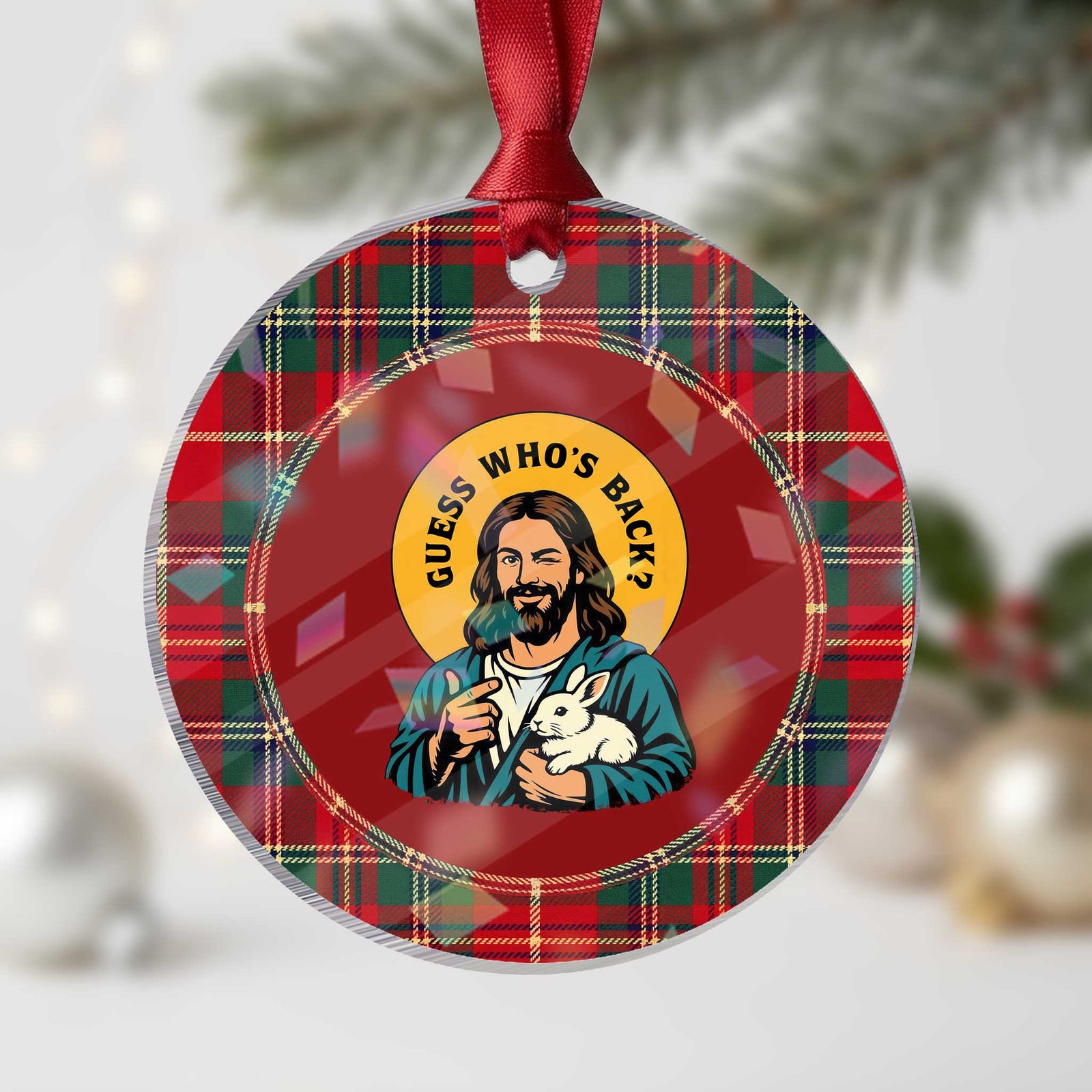 Guess Who is Back Funny Christian Easter Holographic Acrylic Ornament Winking Jesus with Lamb Cute Resurrection Humor Gift