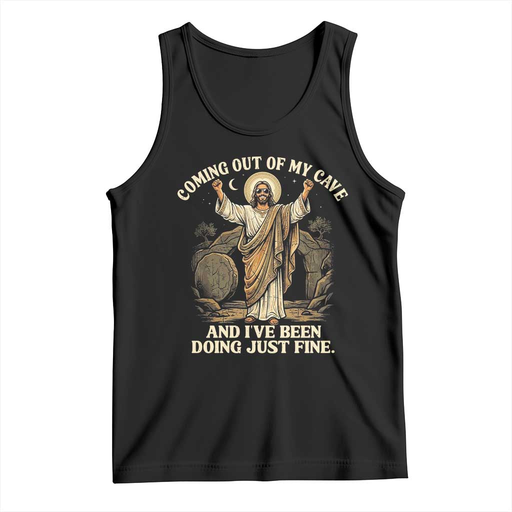 Coming Out Of My Cave Christian Easter Tank Top Risen Jesus Tomb Scene Inspirational Faith Message Gift TS02 Black Print Your Wear