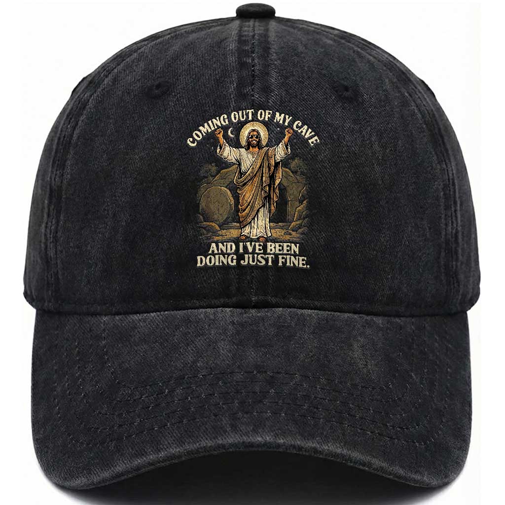 Coming Out Of My Cave Christian Easter Washed Cotton Baseball Cap Risen Jesus Tomb Scene Inspirational Faith Message Gift TS02 Print Your Wear