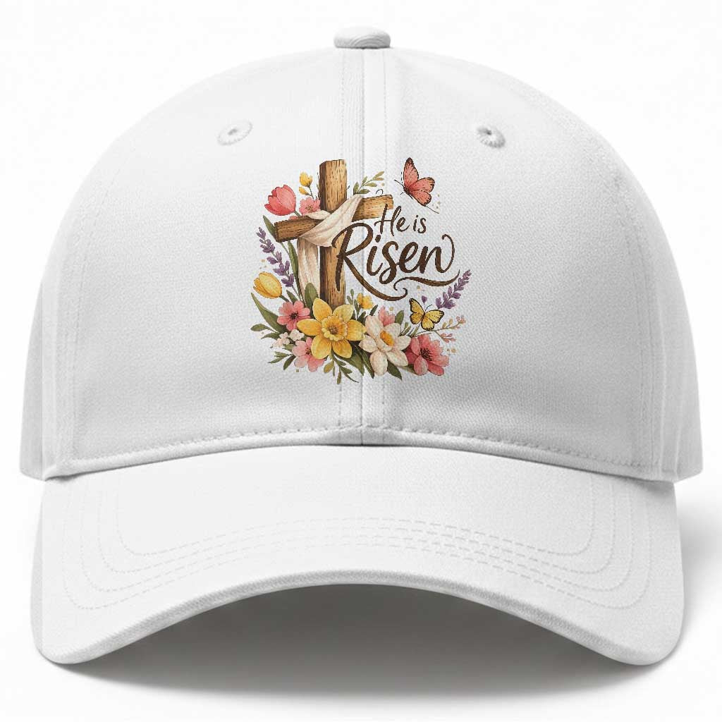 He Is Risen Floral Cross Christian Easter Baseball Cap Spring Flowers Butterfly Faith Inspirational Gift TS02 Print Your Wear