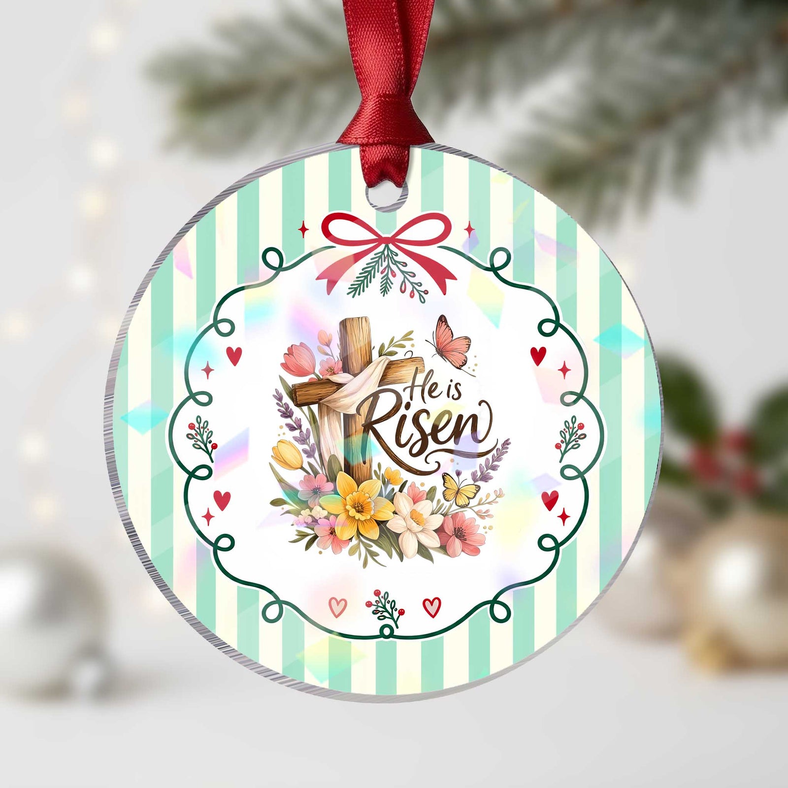 He Is Risen Floral Cross Christian Easter Holographic Acrylic Ornament Spring Flowers Butterfly Faith Inspirational Gift