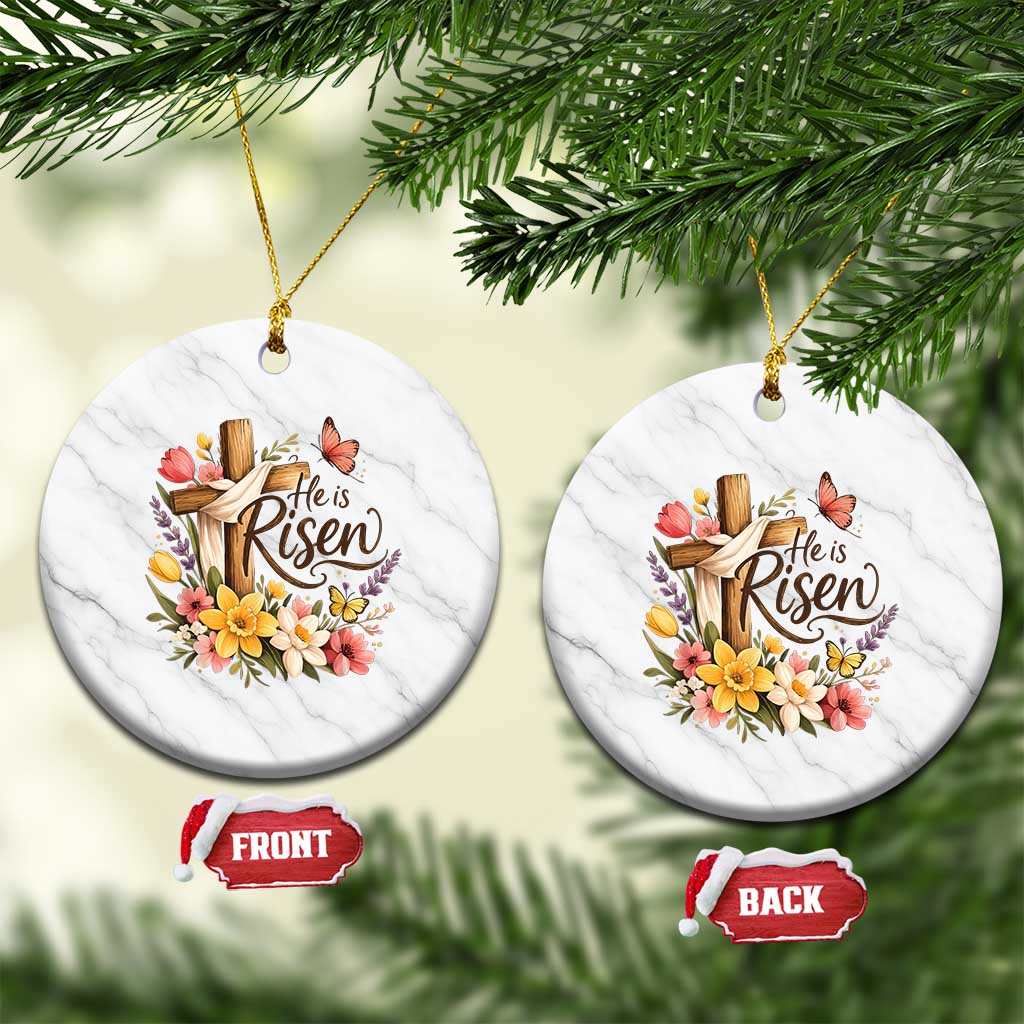 He Is Risen Floral Cross Christian Easter Ceramic Ornament Spring Flowers Butterfly Faith Inspirational Gift TS02 1pc White Marble Print Your Wear