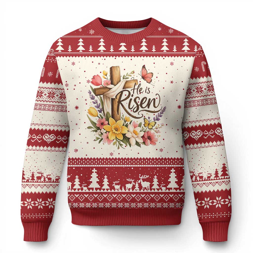 He Is Risen Floral Cross Christian Easter Ugly Christmas Sweater Spring Flowers Butterfly Faith Inspirational Gift TS02 Beige Red Print Your Wear
