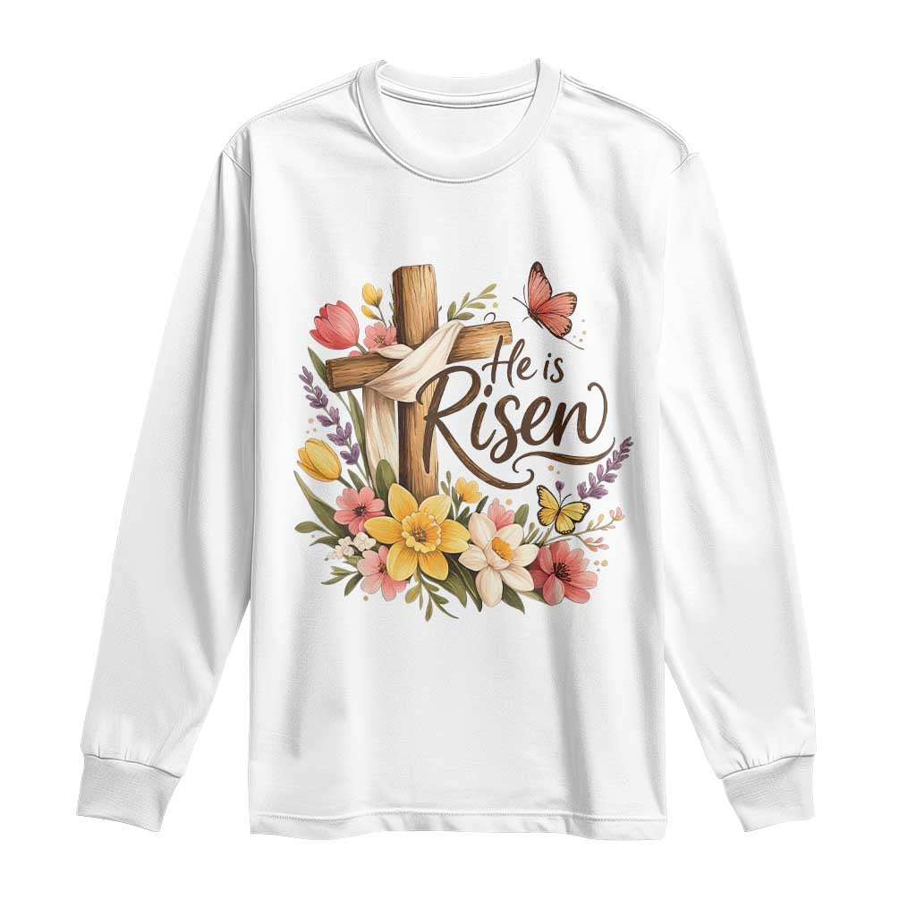 He Is Risen Floral Cross Christian Easter Long Sleeve Shirt Spring Flowers Butterfly Faith Inspirational Gift TS02 White Print Your Wear