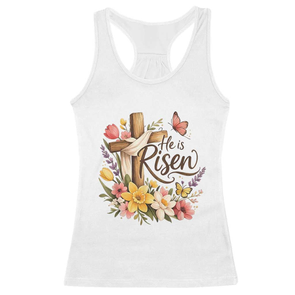 He Is Risen Floral Cross Christian Easter Racerback Tank Top Spring Flowers Butterfly Faith Inspirational Gift TS02 White Print Your Wear