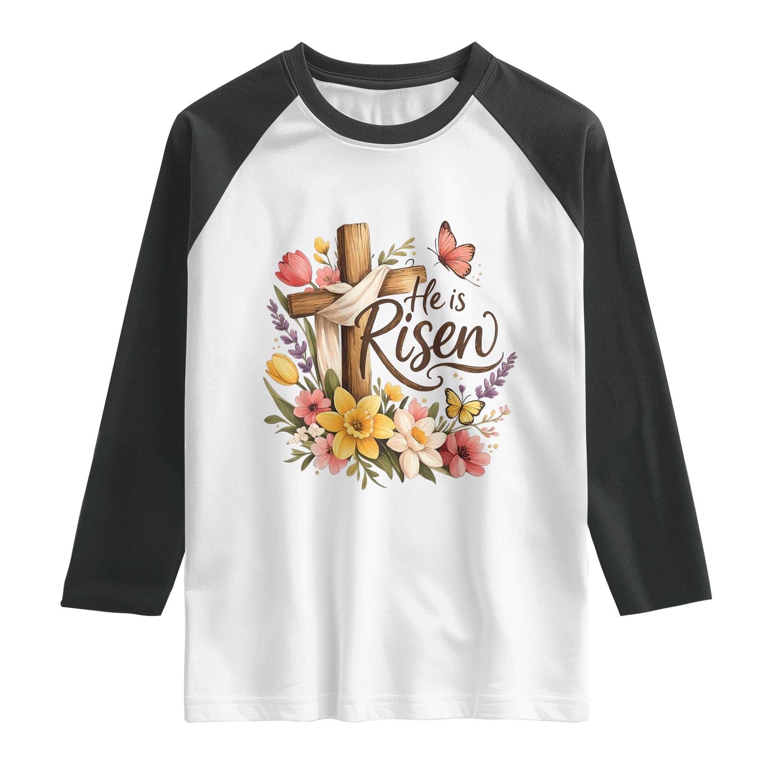He Is Risen Floral Cross Christian Easter Raglan Shirt Spring Flowers Butterfly Faith Inspirational Gift TS02 White Black Print Your Wear