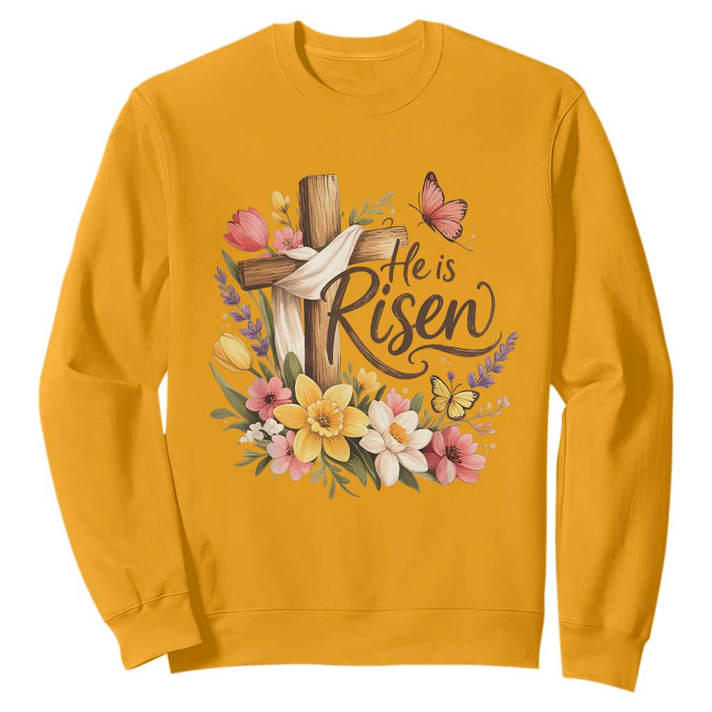 He Is Risen Floral Cross Christian Easter Sweatshirt Spring Flowers Butterfly Faith Inspirational Gift TS02 Gold Print Your Wear