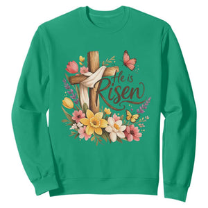 He Is Risen Floral Cross Christian Easter Sweatshirt Spring Flowers Butterfly Faith Inspirational Gift TS02 Irish Green Print Your Wear