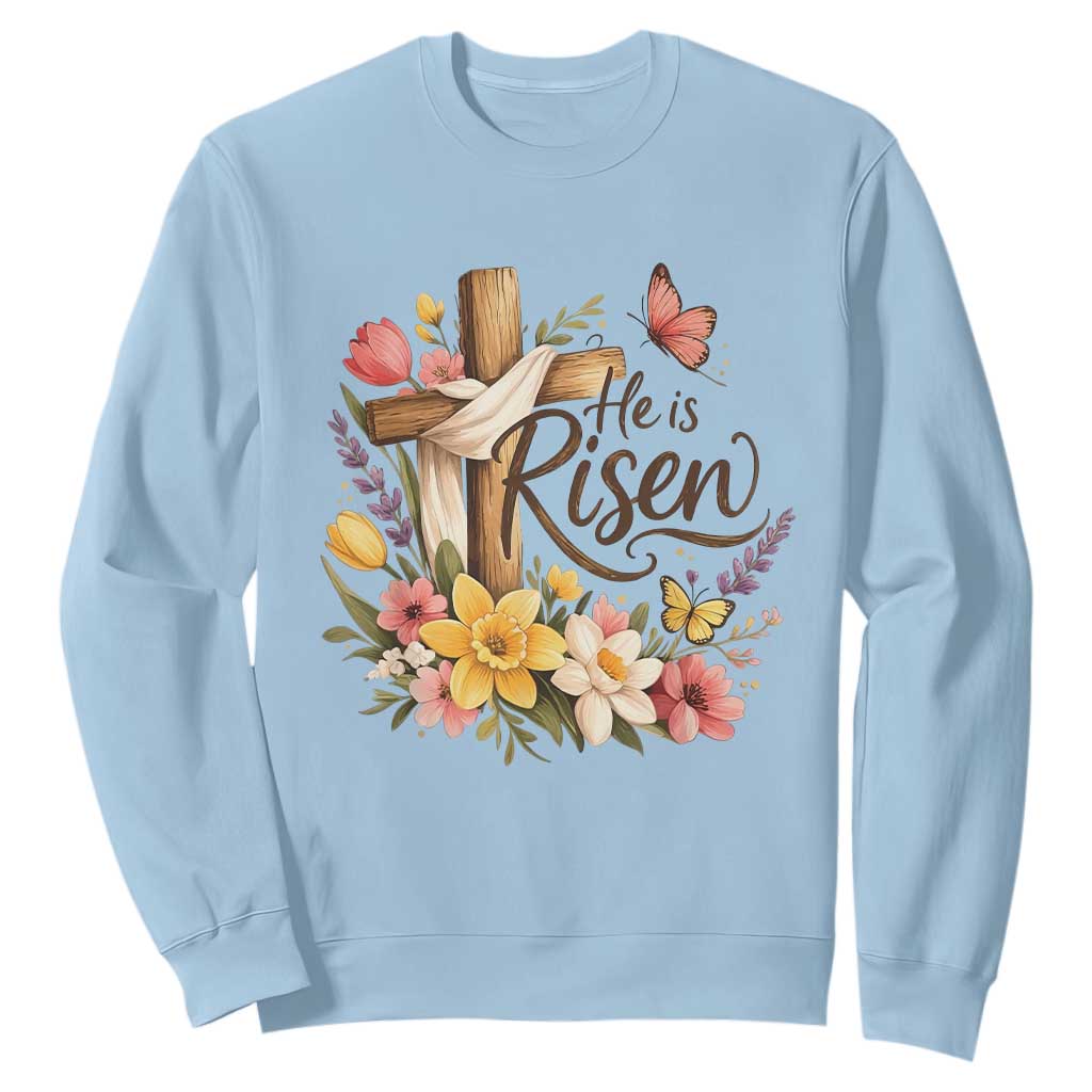 He Is Risen Floral Cross Christian Easter Sweatshirt Spring Flowers Butterfly Faith Inspirational Gift TS02 Light Blue Print Your Wear