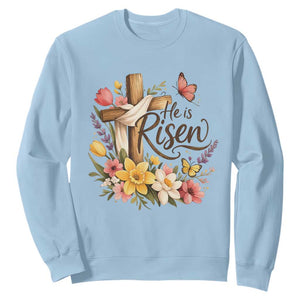 He Is Risen Floral Cross Christian Easter Sweatshirt Spring Flowers Butterfly Faith Inspirational Gift TS02 Light Blue Print Your Wear