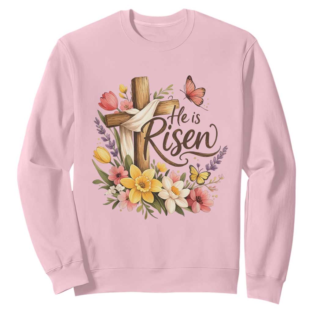 He Is Risen Floral Cross Christian Easter Sweatshirt Spring Flowers Butterfly Faith Inspirational Gift TS02 Light Pink Print Your Wear