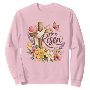 He Is Risen Floral Cross Christian Easter Sweatshirt Spring Flowers Butterfly Faith Inspirational Gift TS02 Light Pink Print Your Wear