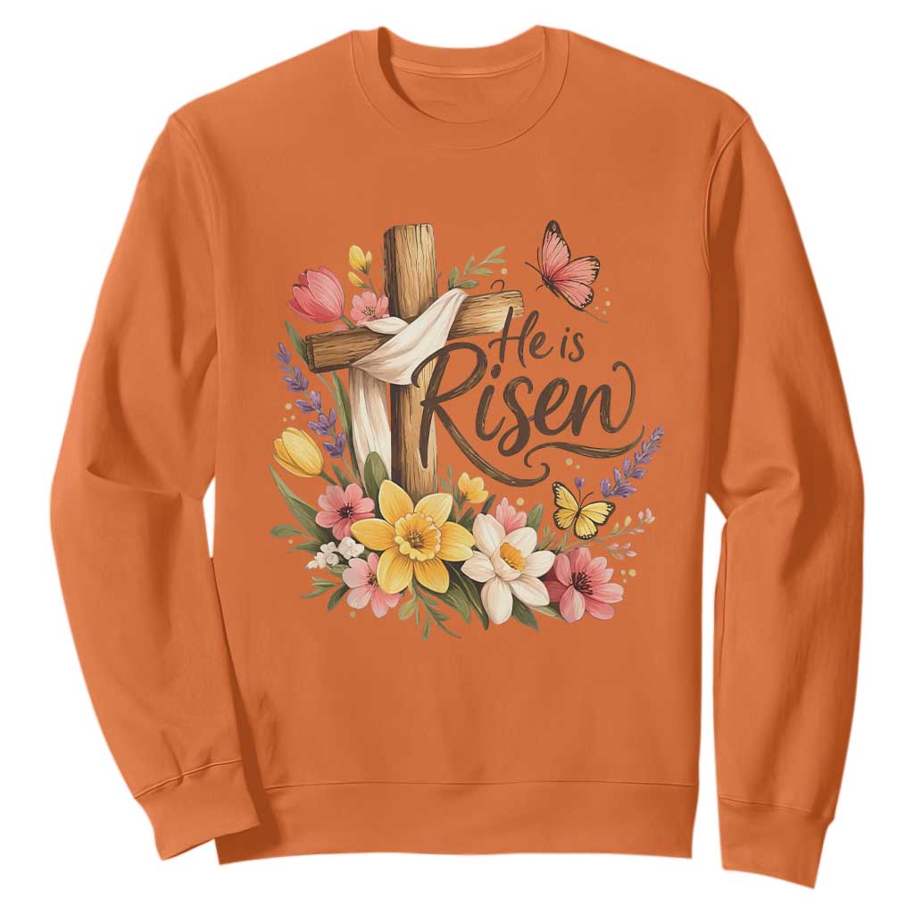 He Is Risen Floral Cross Christian Easter Sweatshirt Spring Flowers Butterfly Faith Inspirational Gift TS02 Orange Print Your Wear