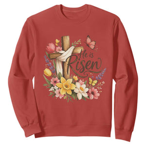 He Is Risen Floral Cross Christian Easter Sweatshirt Spring Flowers Butterfly Faith Inspirational Gift TS02 Red Print Your Wear