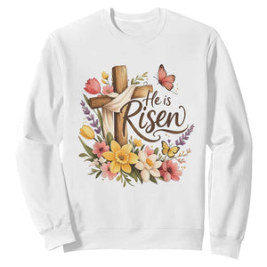 He Is Risen Floral Cross Christian Easter Sweatshirt Spring Flowers Butterfly Faith Inspirational Gift TS02 White Print Your Wear