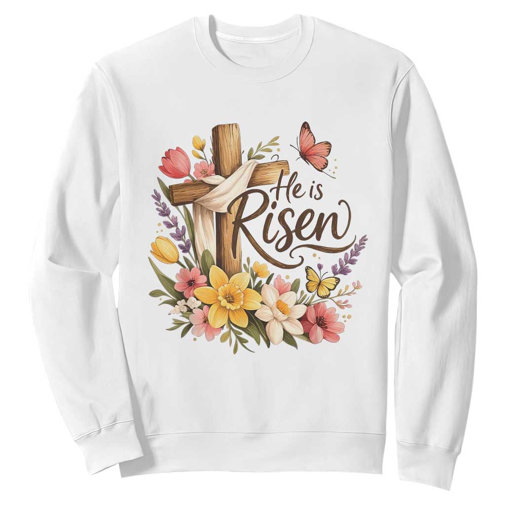 He Is Risen Floral Cross Christian Easter Sweatshirt Spring Flowers Butterfly Faith Inspirational Gift TS02 White Print Your Wear
