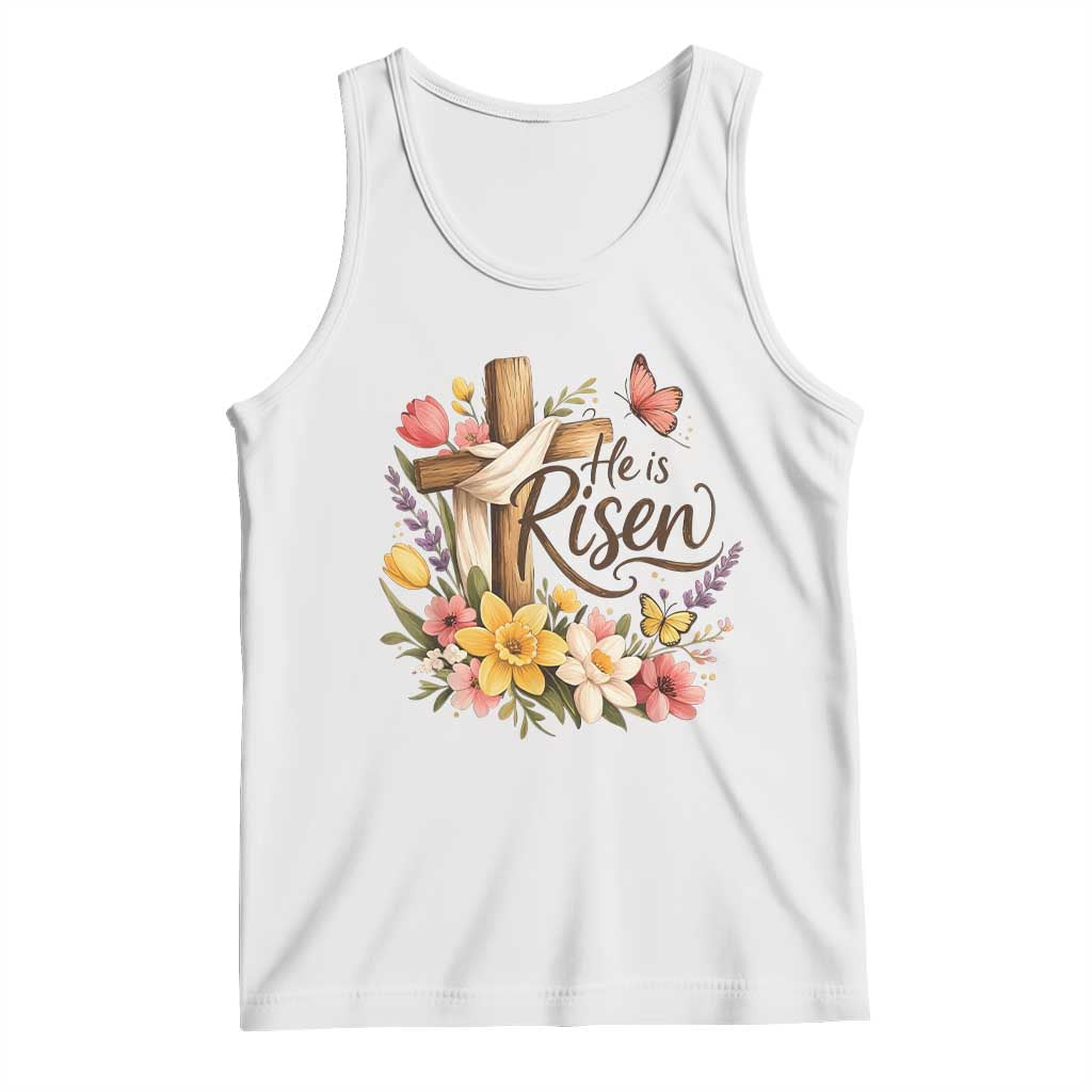 He Is Risen Floral Cross Christian Easter Tank Top Spring Flowers Butterfly Faith Inspirational Gift TS02 White Print Your Wear