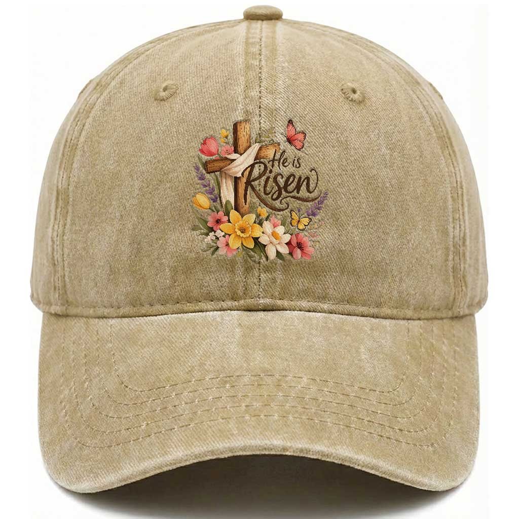 He Is Risen Floral Cross Christian Easter Washed Cotton Baseball Cap Spring Flowers Butterfly Faith Inspirational Gift TS02 Print Your Wear