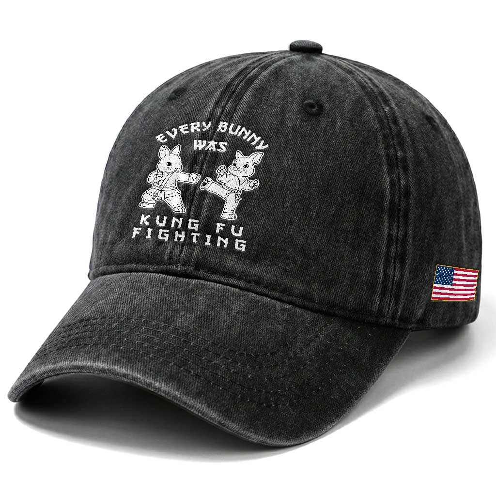 Funny Easter Rabbit Martial Arts Washed Cotton Baseball Cap Every Bunny Was Kung Fu Fighting Cute Bunny Humor Gift TS02 Print Your Wear