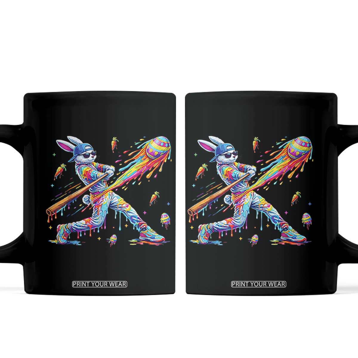Cool Easter Bunny Baseball Player Neon Paint Splash Graphic Coffee Mug Funny Rabbit Sports with Egg Bat Hit Gift TS02 Black Print Your Wear