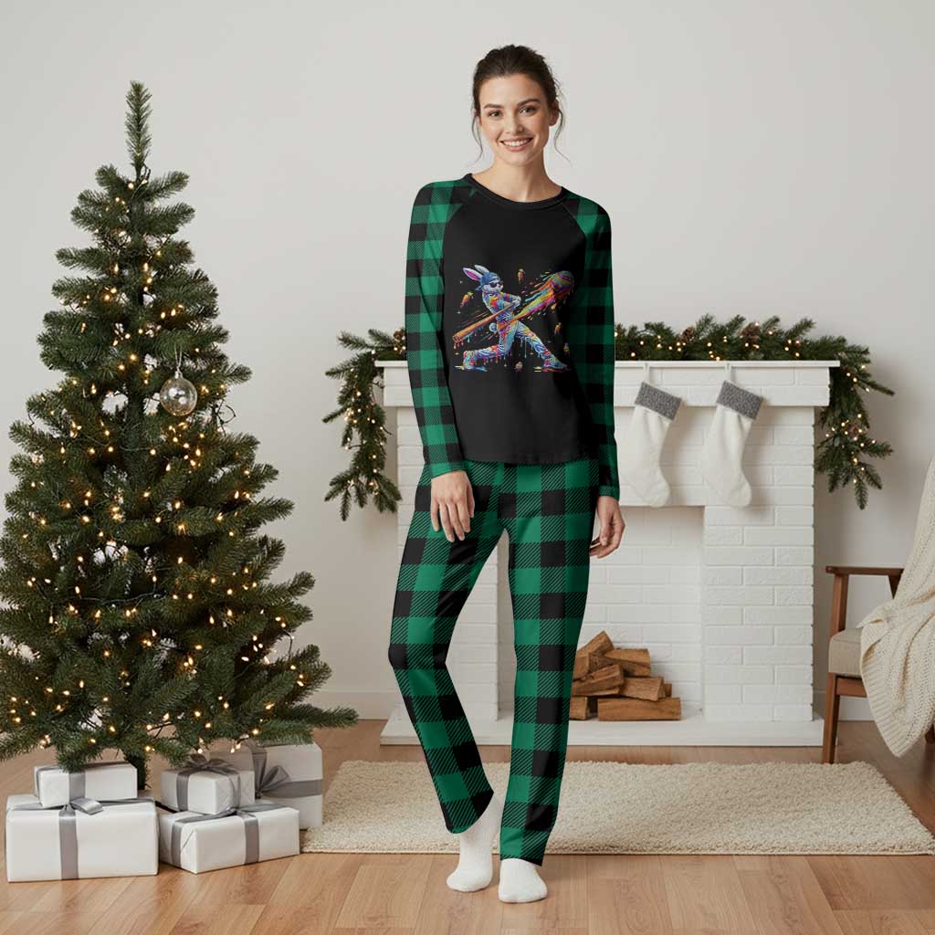 Cool Easter Bunny Baseball Player Neon Paint Splash Graphic Plaid Pajama Set Funny Rabbit Sports with Egg Bat Hit Gift TS02 Green Plaid Print Your Wear