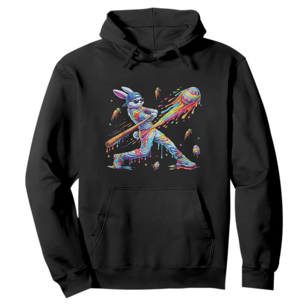 Cool Easter Bunny Baseball Player Neon Paint Splash Graphic Hoodie Funny Rabbit Sports with Egg Bat Hit Gift TS02 Black Print Your Wear