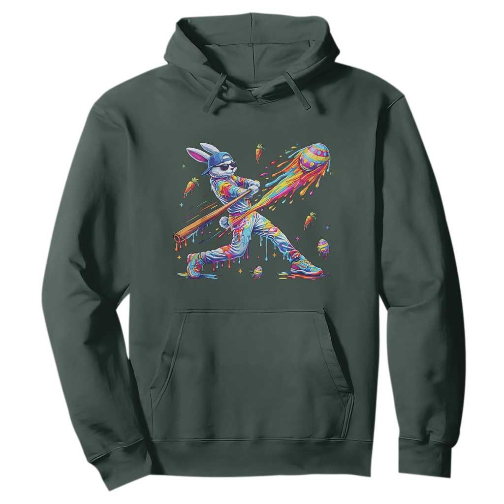 Cool Easter Bunny Baseball Player Neon Paint Splash Graphic Hoodie Funny Rabbit Sports with Egg Bat Hit Gift TS02 Dark Forest Green Print Your Wear