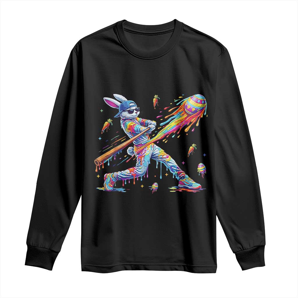 Cool Easter Bunny Baseball Player Neon Paint Splash Graphic Long Sleeve Shirt Funny Rabbit Sports with Egg Bat Hit Gift TS02 Black Print Your Wear