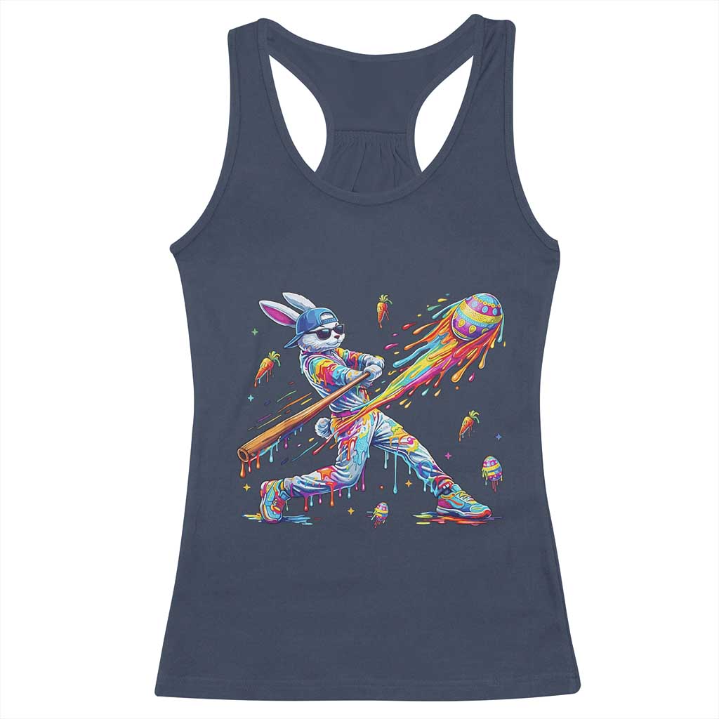 Cool Easter Bunny Baseball Player Neon Paint Splash Graphic Racerback Tank Top Funny Rabbit Sports with Egg Bat Hit Gift TS02 Navy Print Your Wear