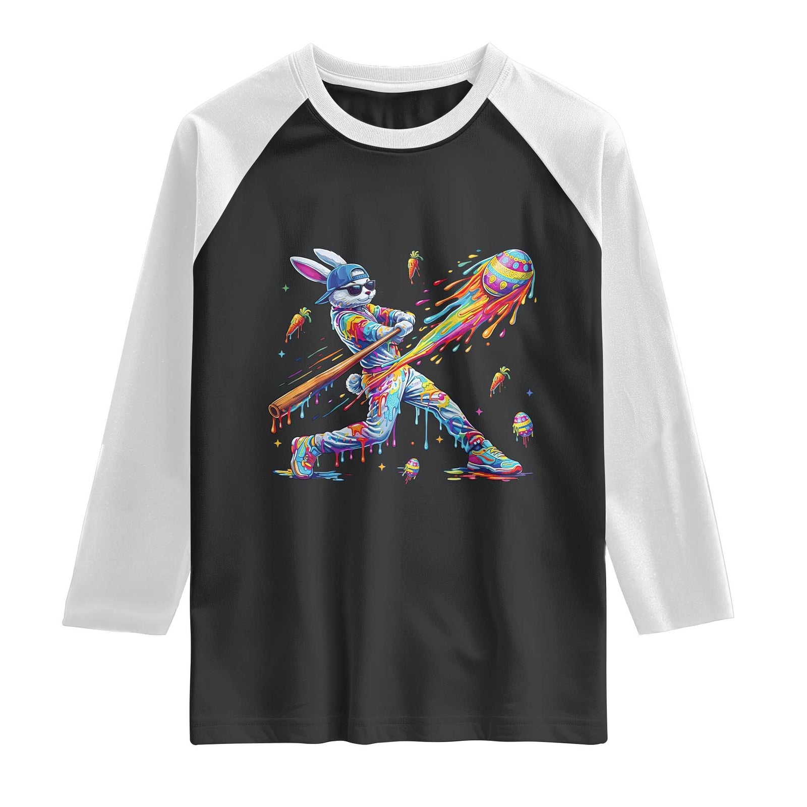 Cool Easter Bunny Baseball Player Neon Paint Splash Graphic Raglan Shirt Funny Rabbit Sports with Egg Bat Hit Gift TS02 Black White Print Your Wear