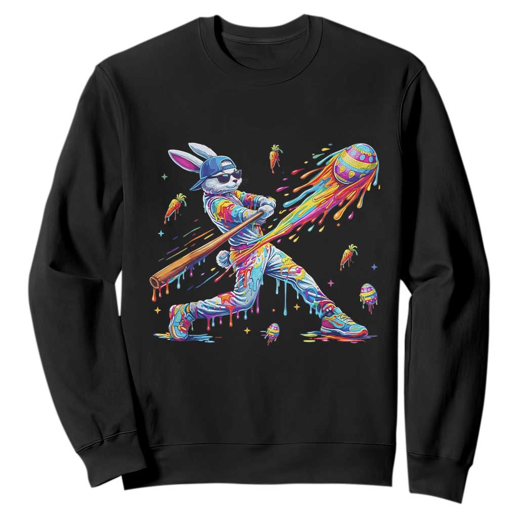 Cool Easter Bunny Baseball Player Neon Paint Splash Graphic Sweatshirt Funny Rabbit Sports with Egg Bat Hit Gift TS02 Black Print Your Wear