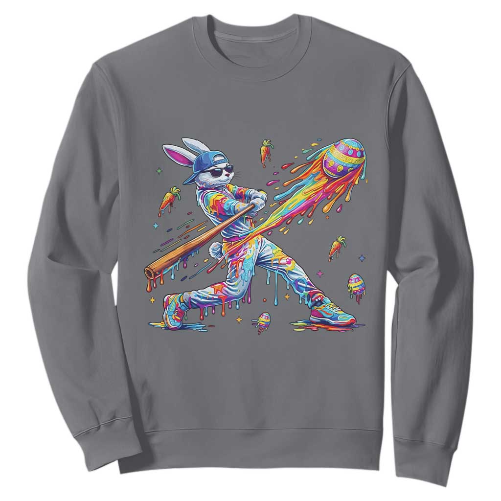 Cool Easter Bunny Baseball Player Neon Paint Splash Graphic Sweatshirt Funny Rabbit Sports with Egg Bat Hit Gift TS02 Charcoal Print Your Wear