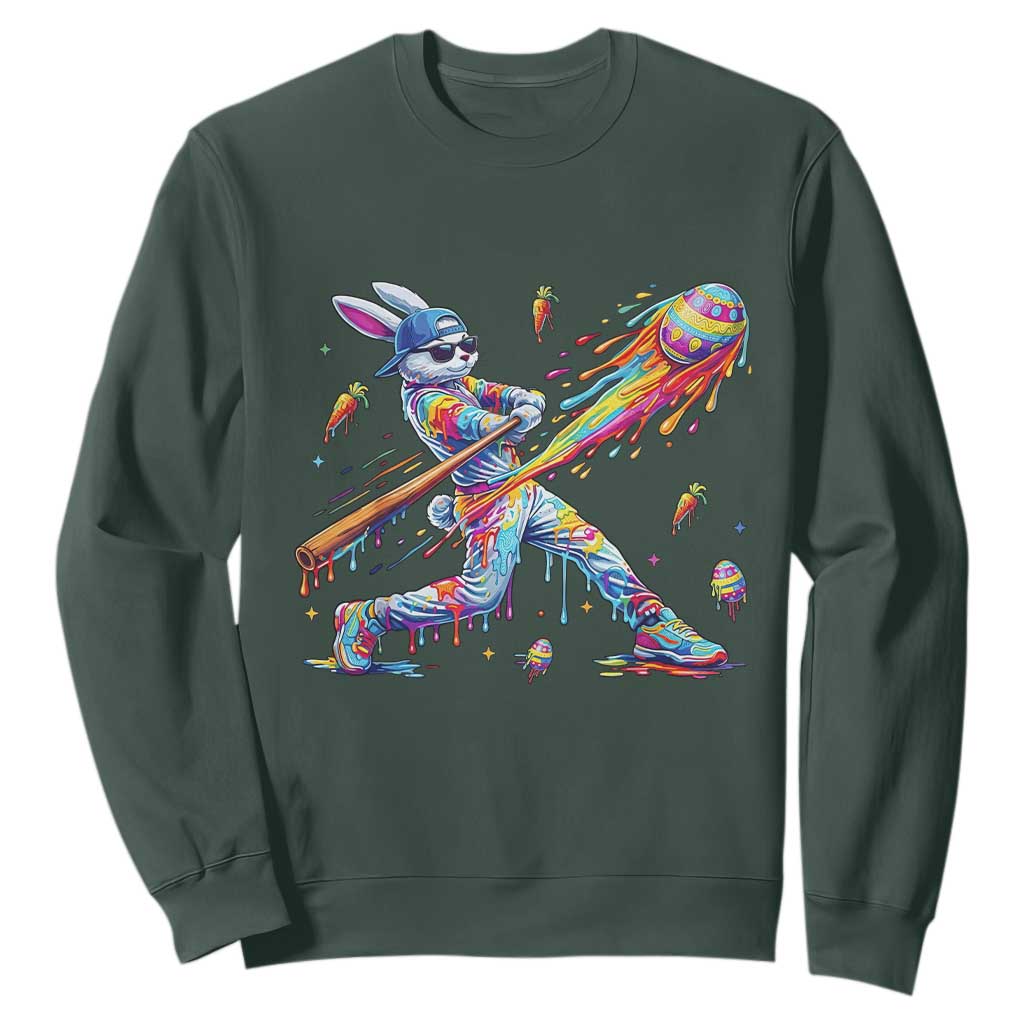 Cool Easter Bunny Baseball Player Neon Paint Splash Graphic Sweatshirt Funny Rabbit Sports with Egg Bat Hit Gift TS02 Dark Forest Green Print Your Wear