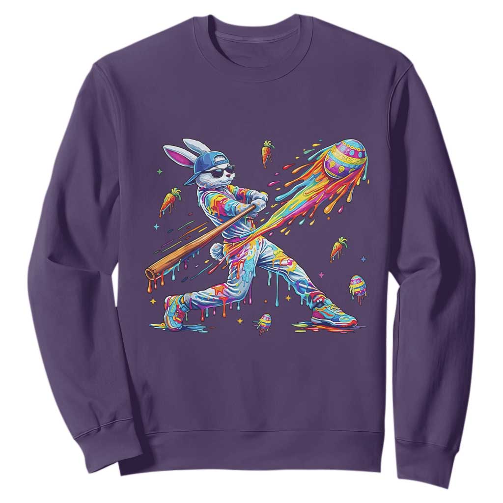 Cool Easter Bunny Baseball Player Neon Paint Splash Graphic Sweatshirt Funny Rabbit Sports with Egg Bat Hit Gift TS02 Purple Print Your Wear