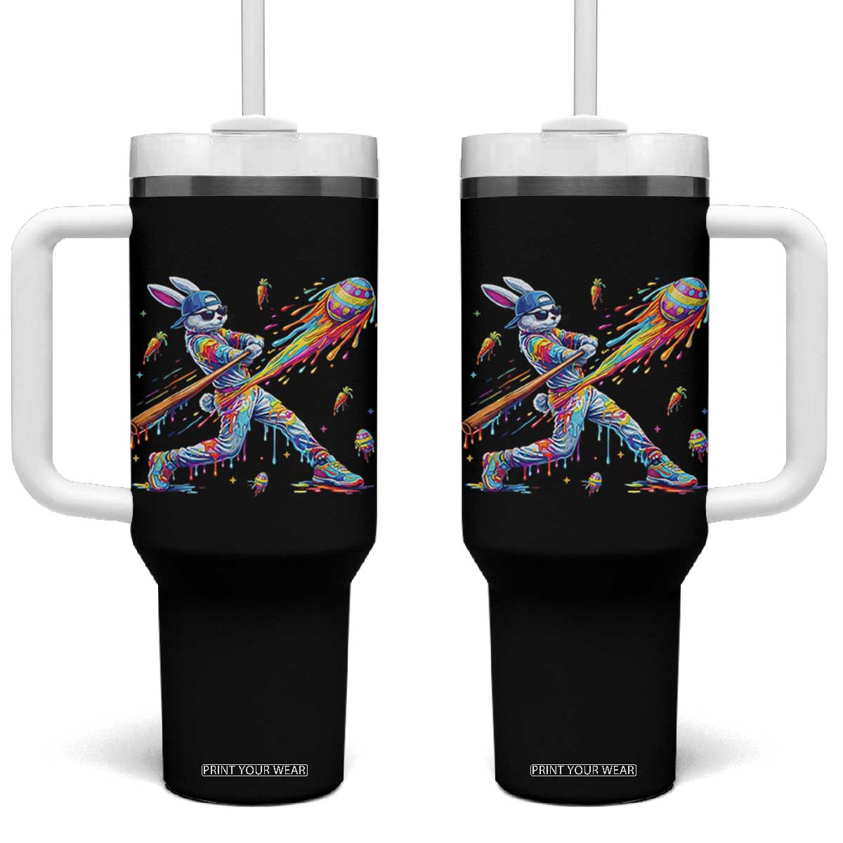 Cool Easter Bunny Baseball Player Neon Paint Splash Graphic Tumbler With Handle Funny Rabbit Sports with Egg Bat Hit Gift TS02 One Size: 40 oz Black Print Your Wear