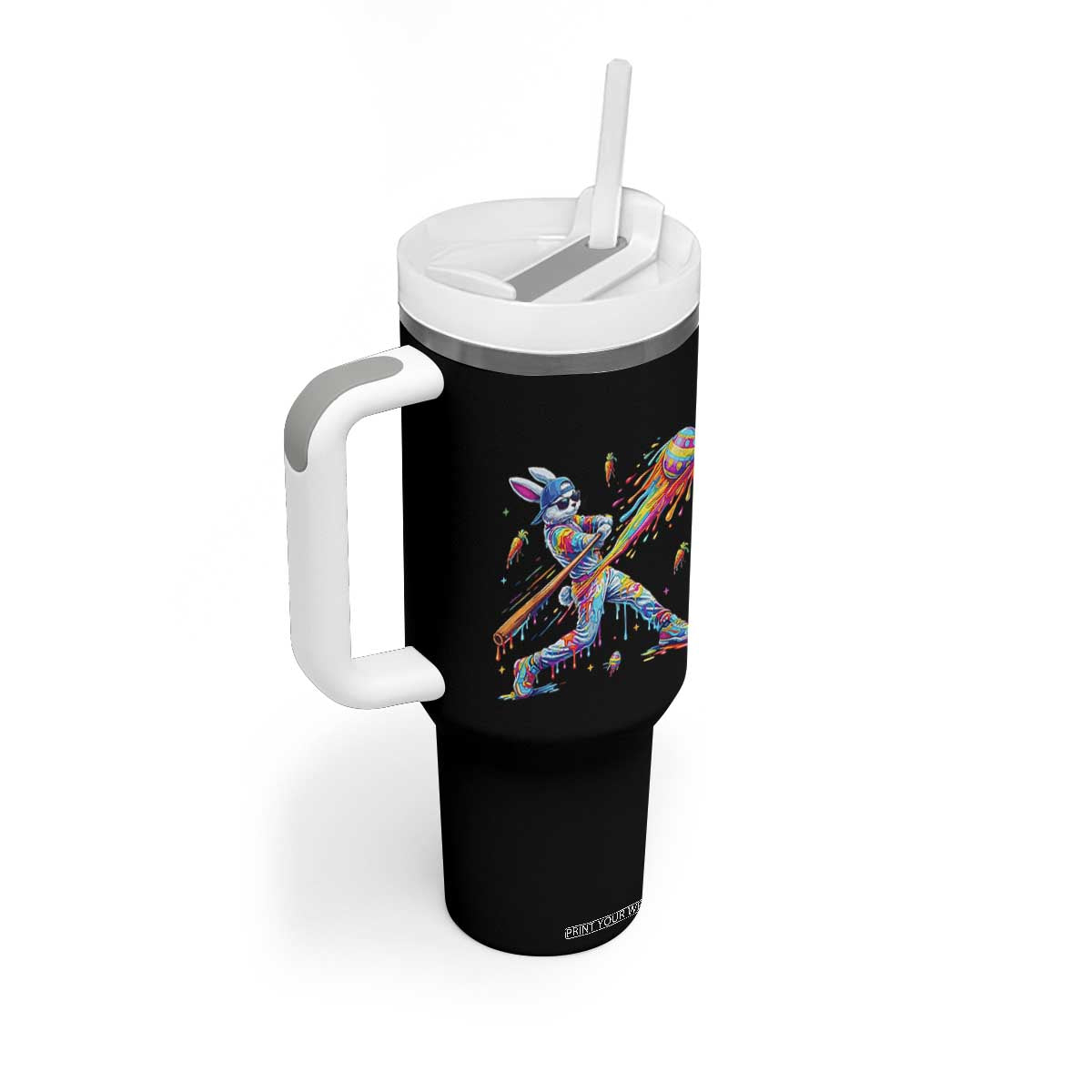 Cool Easter Bunny Baseball Player Neon Paint Splash Graphic Tumbler With Handle Funny Rabbit Sports with Egg Bat Hit Gift TS02 Print Your Wear