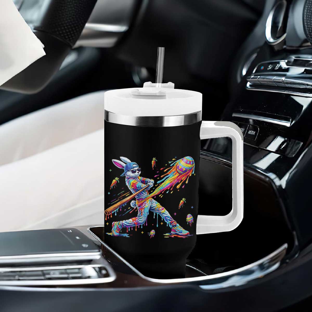 Cool Easter Bunny Baseball Player Neon Paint Splash Graphic Tumbler With Handle Funny Rabbit Sports with Egg Bat Hit Gift TS02 Print Your Wear