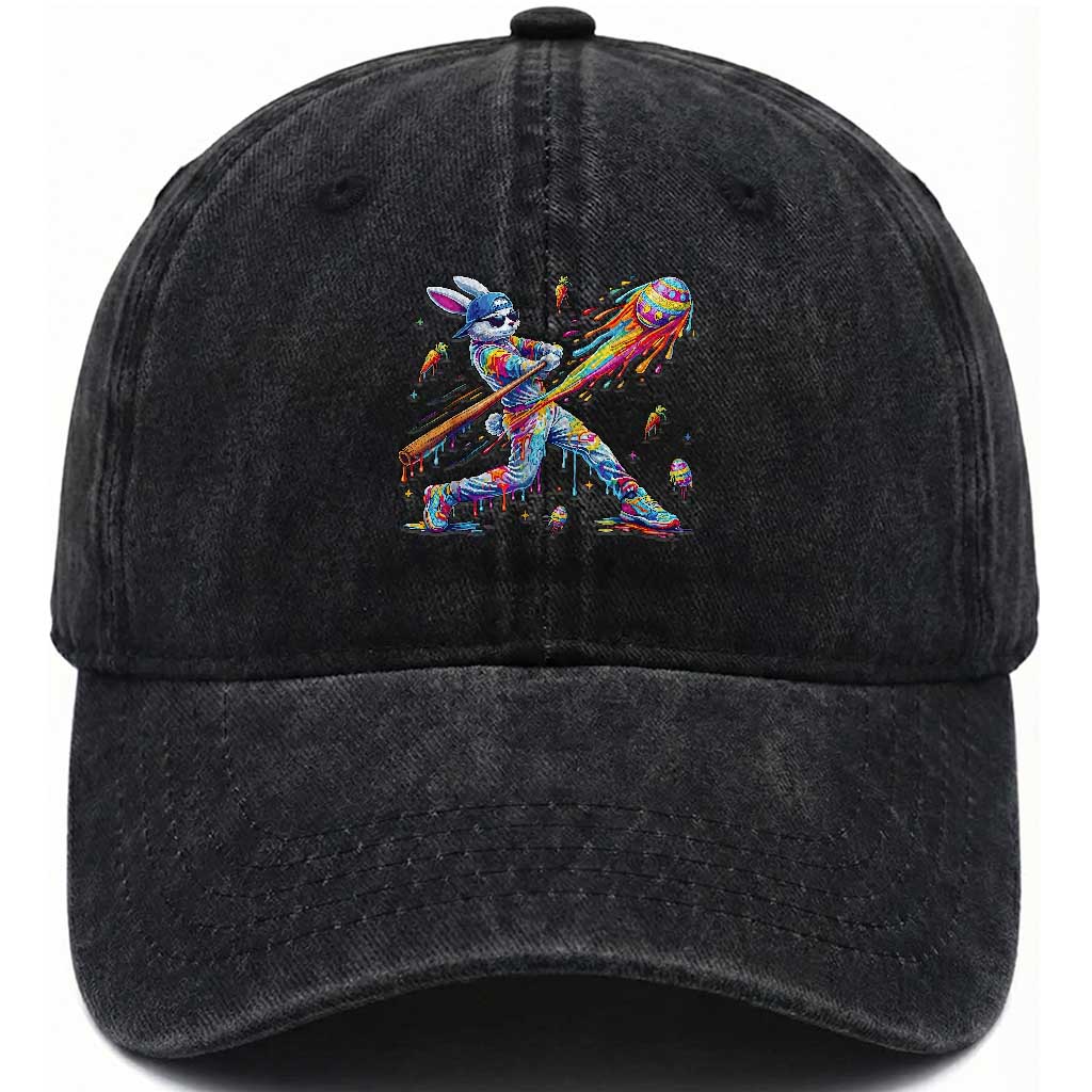 Cool Easter Bunny Baseball Player Neon Paint Splash Graphic Washed Cotton Baseball Cap Funny Rabbit Sports with Egg Bat Hit Gift TS02 Print Your Wear
