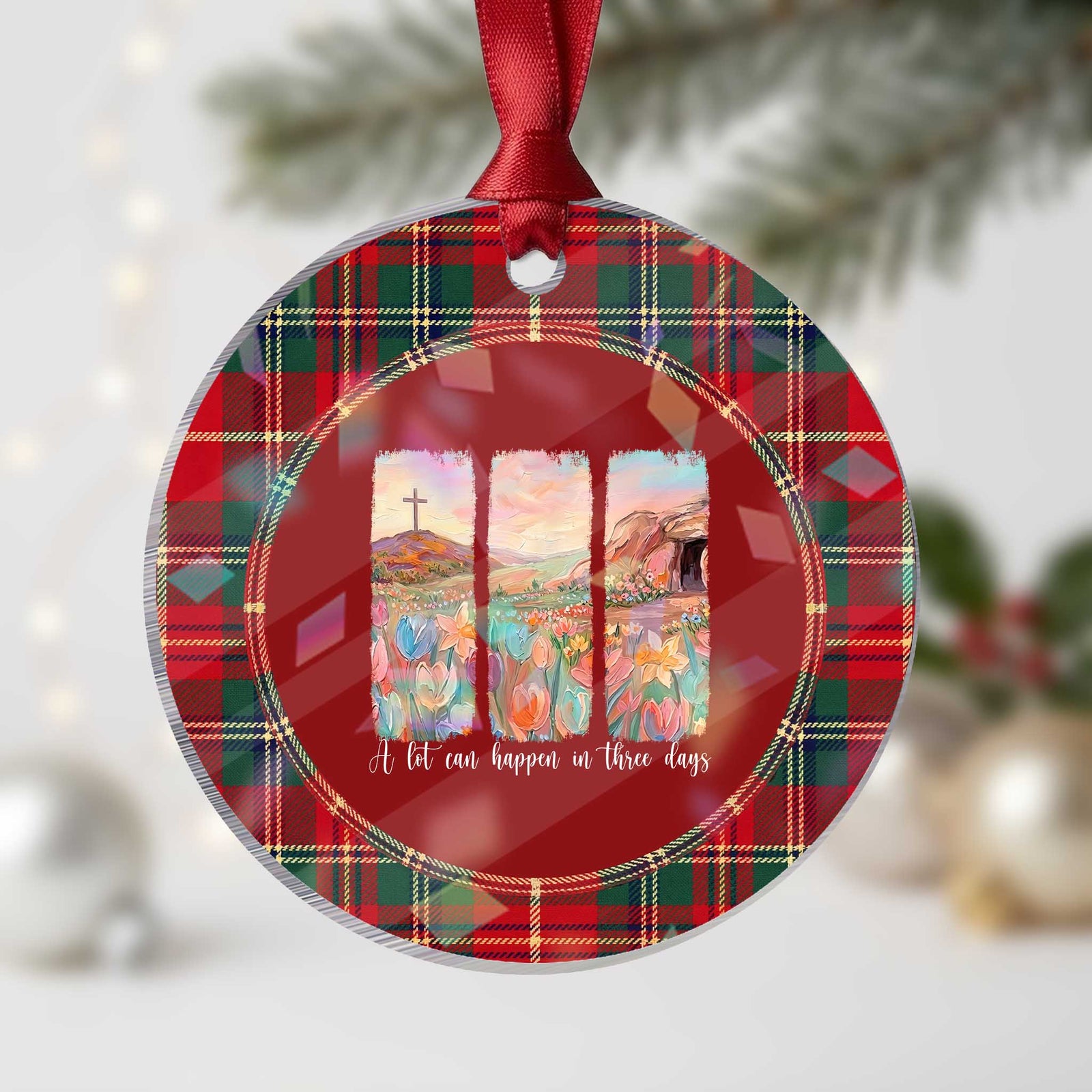 A Lot Can Happen In Three Days Christian Easter Holographic Acrylic Ornament Empty Tomb Cross Landscape Faith Inspirational Gift