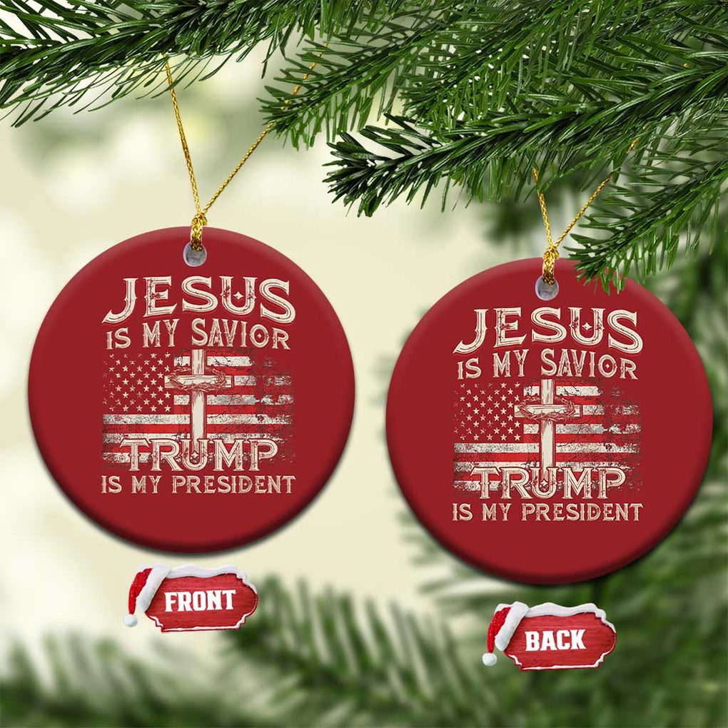 Christian Trump 2024 Christmas Ornament Jesus Is My Savor Trump Is My President American Flag Cross TS02 Circle Red Print Your Wear