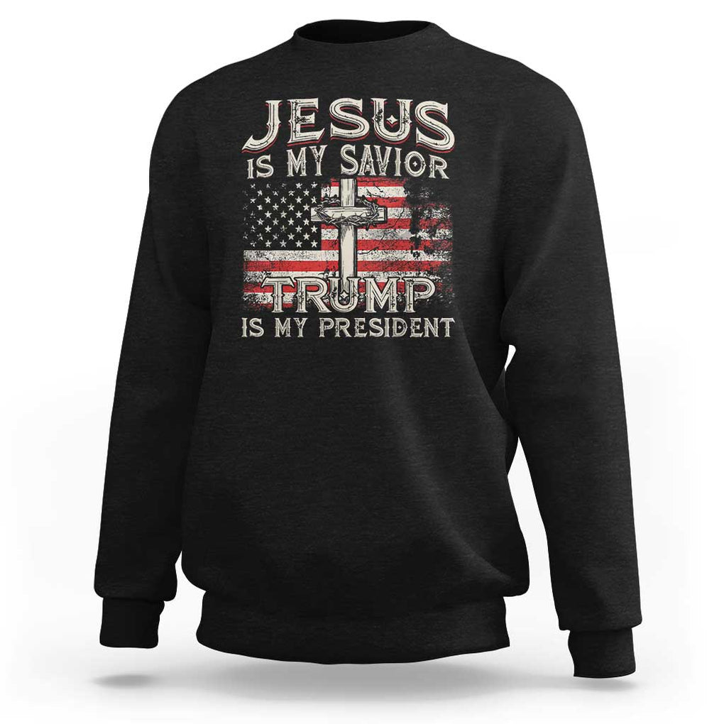 Christian Trump 2024 Sweatshirt Jesus Is My Savor Trump Is My President American Flag Cross TS02 Black Print Your Wear