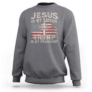 Christian Trump 2024 Sweatshirt Jesus Is My Savor Trump Is My President American Flag Cross TS02 Charcoal Print Your Wear