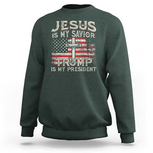 Christian Trump 2024 Sweatshirt Jesus Is My Savor Trump Is My President American Flag Cross TS02 Dark Forest Green Print Your Wear