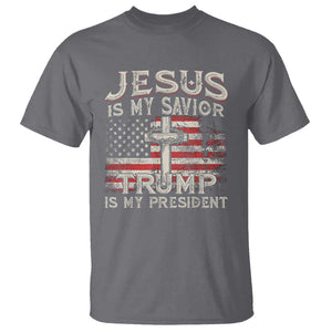 Christian Trump 2024 T Shirt Jesus Is My Savor Trump Is My President American Flag Cross TS02 Charcoal Print Your Wear