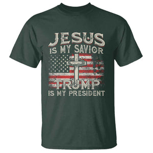 Christian Trump 2024 T Shirt Jesus Is My Savor Trump Is My President American Flag Cross TS02 Dark Forest Green Print Your Wear