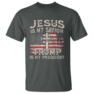 Christian Trump 2024 T Shirt Jesus Is My Savor Trump Is My President American Flag Cross TS02 Dark Heather Print Your Wear