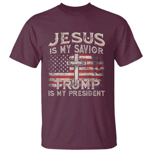 Christian Trump 2024 T Shirt Jesus Is My Savor Trump Is My President American Flag Cross TS02 Maroon Print Your Wear