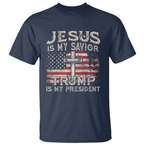 Christian Trump 2024 T Shirt Jesus Is My Savor Trump Is My President American Flag Cross TS02 Navy Print Your Wear