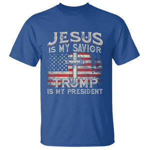 Christian Trump 2024 T Shirt Jesus Is My Savor Trump Is My President American Flag Cross TS02 Royal Blue Print Your Wear